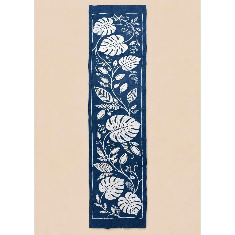 Handmade Indigo Batik Table Runner, Monstera Leaf Botanical Table Decor